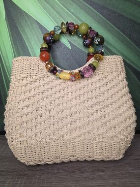 Capelli Darling Beaded Handle Straw Tote Bag - Cream.